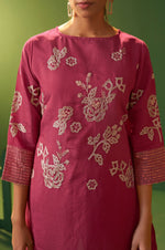 Bright Pink Roman Silk Embroidered A-Line Co-Ord Set