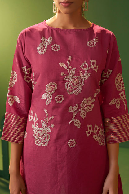 Bright Pink Roman Silk Embroidered A-Line Co-Ord Set