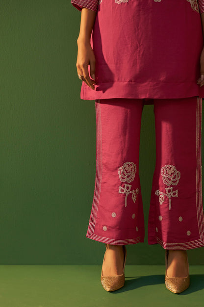 Bright Pink Roman Silk Embroidered A-Line Co-Ord Set