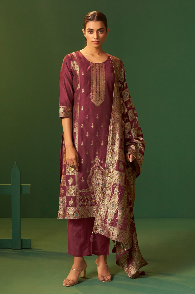 Wine Jacquard Art Silk Kurta Set with Cotton Bottom & Silk Jacquard Dupatta