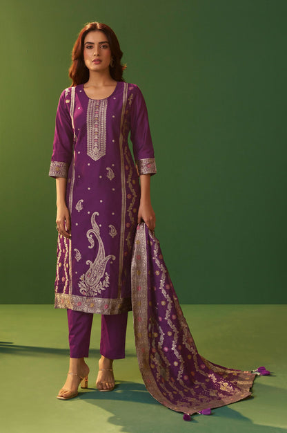 Purple Jacquard Art Silk Kurta Set with Cotton Bottom & Silk Jacquard Dupatta