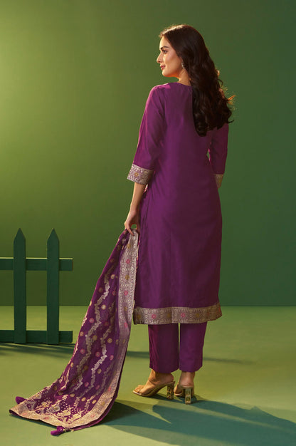 Purple Jacquard Art Silk Kurta Set with Cotton Bottom & Silk Jacquard Dupatta