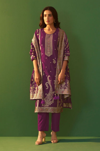 Purple Jacquard Art Silk Kurta Set with Cotton Bottom & Silk Jacquard Dupatta