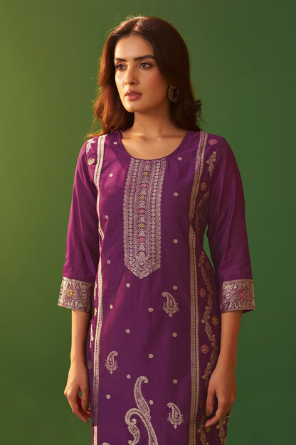 Purple Jacquard Art Silk Kurta Set with Cotton Bottom & Silk Jacquard Dupatta