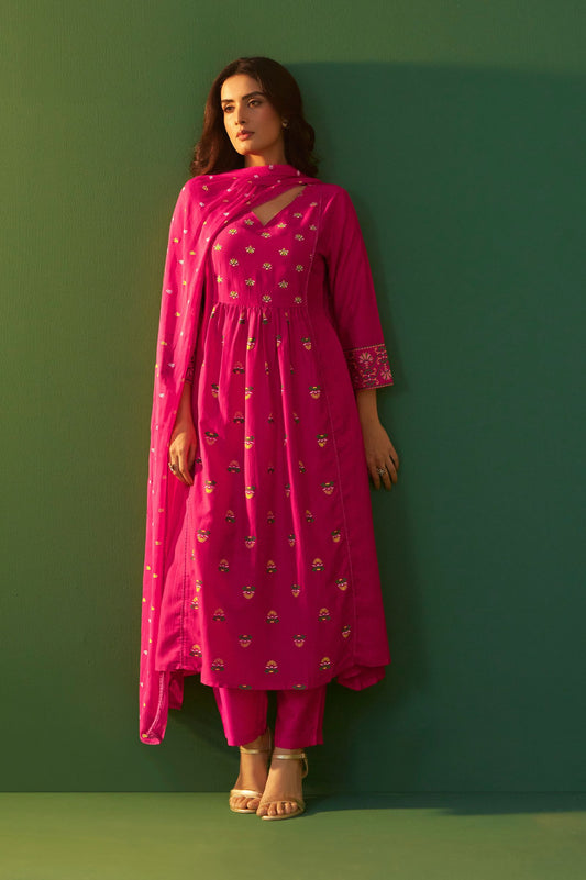 Pink Chinnon Printed Flared Calf Length Kurta with Cotton Printed Dupatta