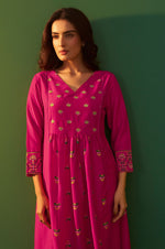 Pink Chinnon Printed Flared Calf Length Kurta with Cotton Printed Dupatta