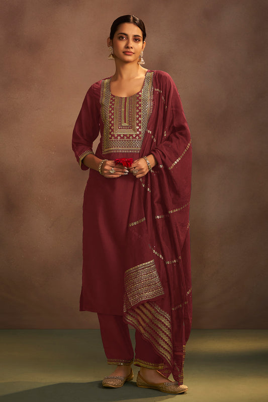 Rust Chinnon Embroidered Kurta Set with Jacquard Dupatta
