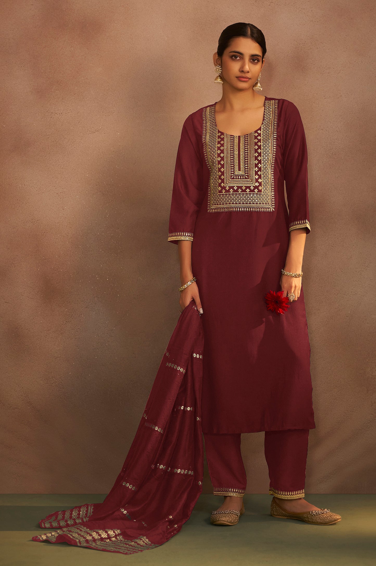 Rust Chinnon Embroidered Kurta Set with Jacquard Dupatta