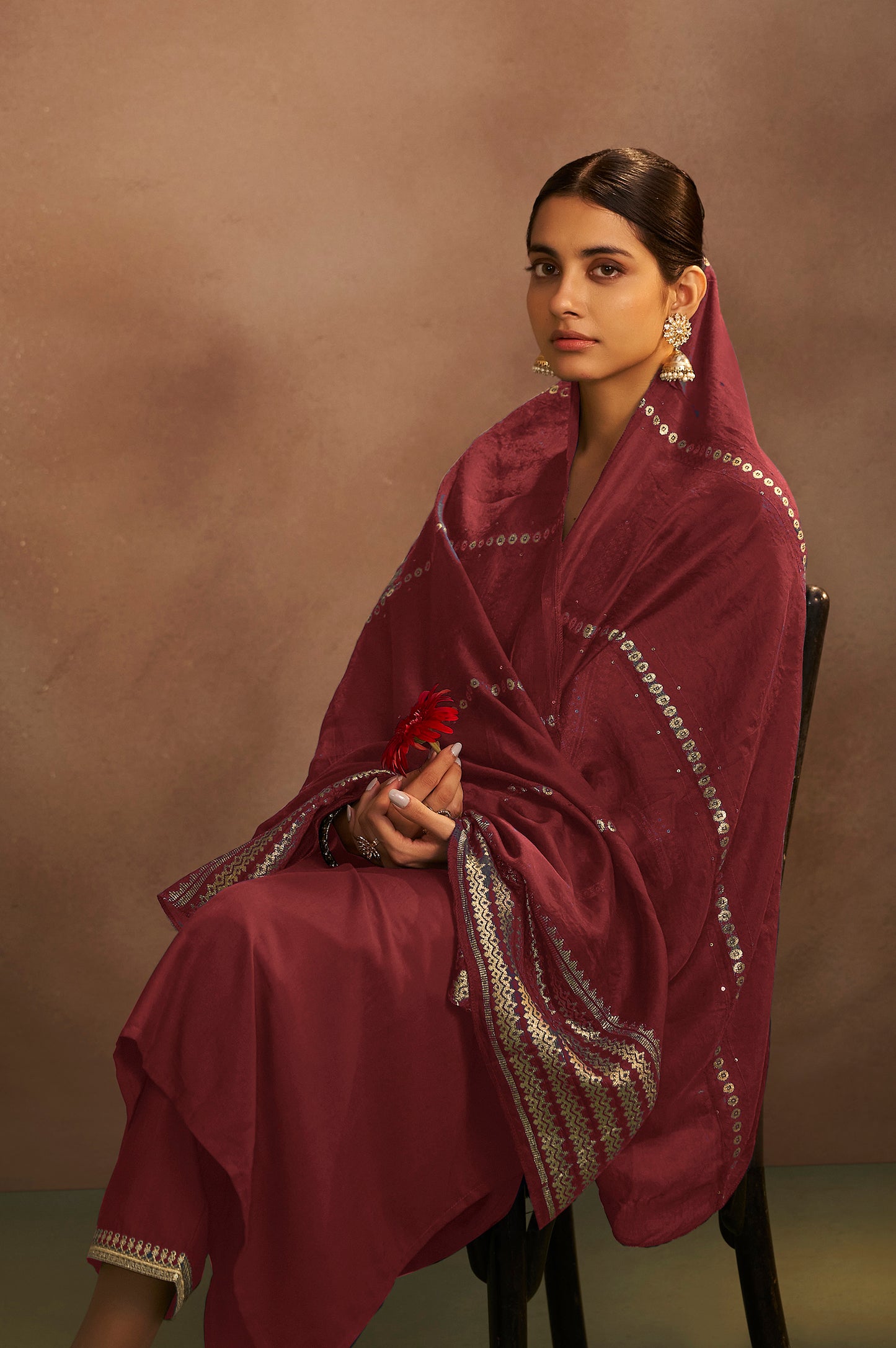 Rust Chinnon Embroidered Kurta Set with Jacquard Dupatta