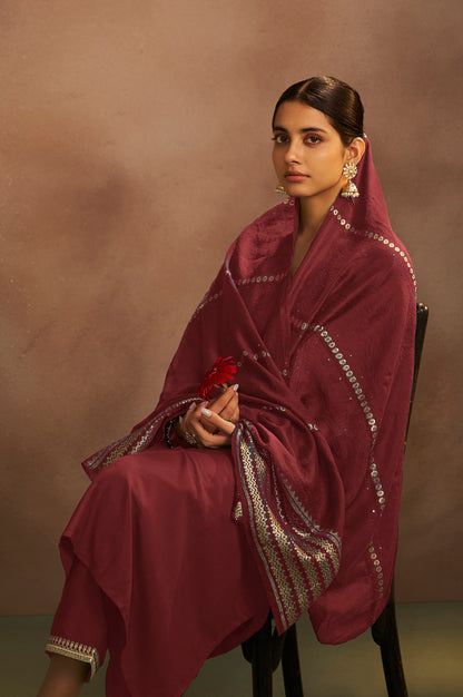 Rust Chinnon Embroidered Kurta Set with Jacquard Dupatta