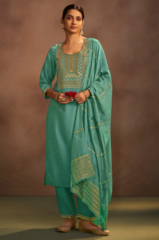 Pista Chinnon Embroidered Kurta Set with Jacquard Dupatta