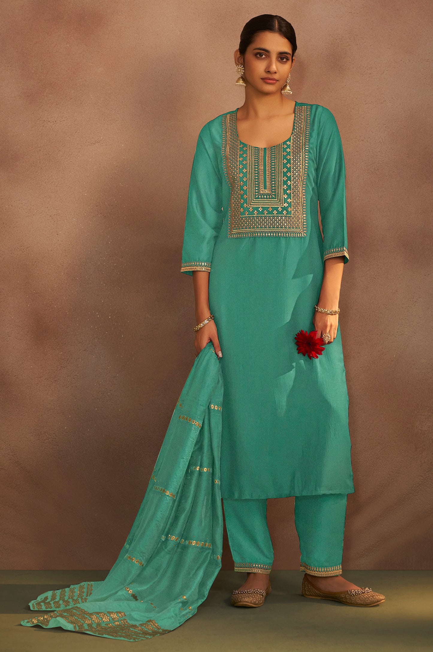 Pista Chinnon Embroidered Kurta Set with Jacquard Dupatta