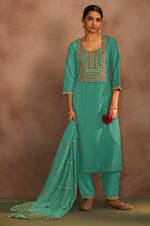 Pista Chinnon Embroidered Kurta Set with Jacquard Dupatta