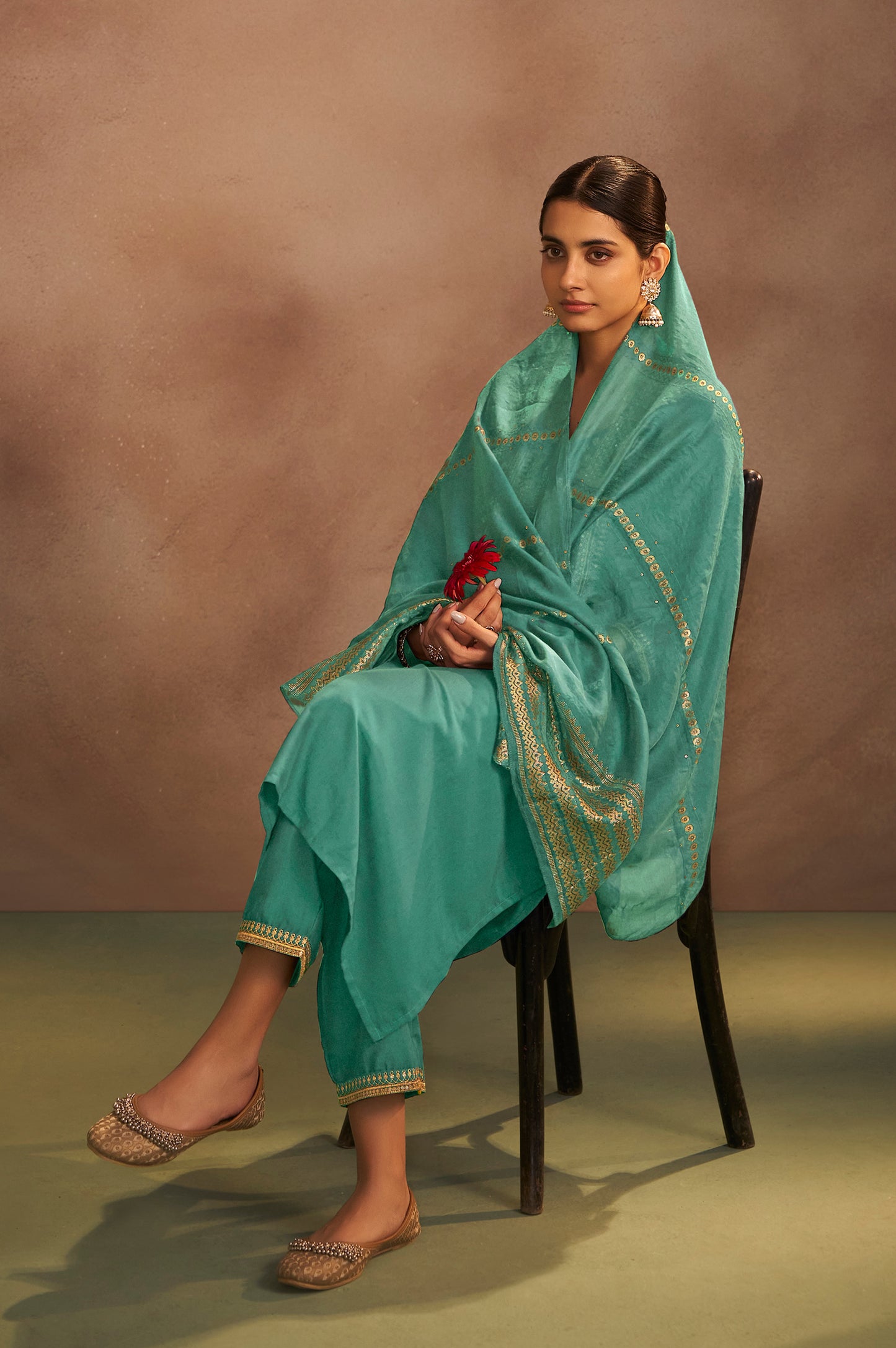 Pista Chinnon Embroidered Kurta Set with Jacquard Dupatta