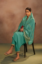 Pista Chinnon Embroidered Kurta Set with Jacquard Dupatta