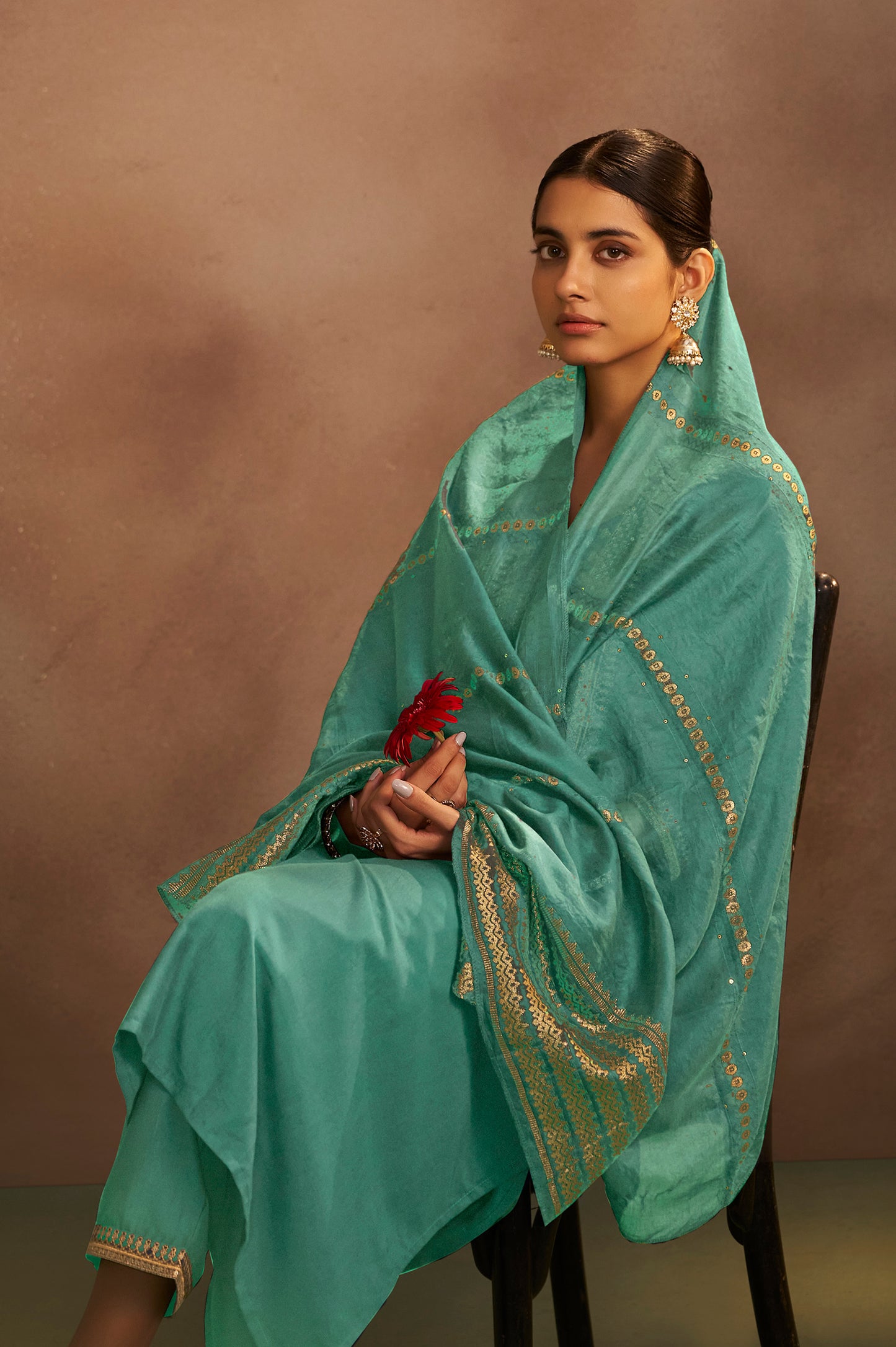 Pista Chinnon Embroidered Kurta Set with Jacquard Dupatta
