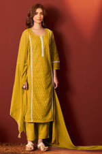 Mustard Pure Cotton Schiffly Kurta Set with Dupatta For Women