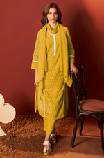 Mustard Pure Cotton Schiffly Kurta Set with Dupatta For Women