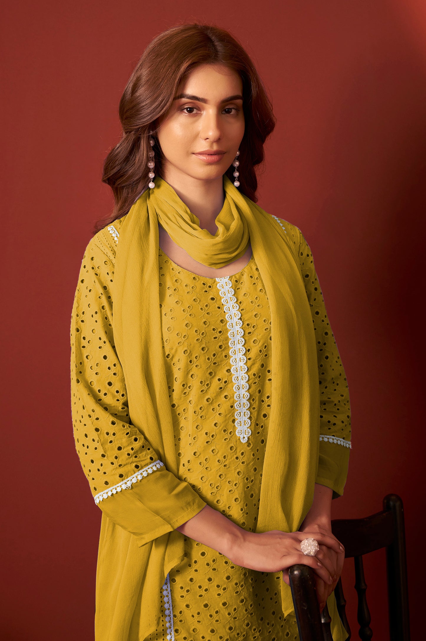 Mustard Pure Cotton Schiffly Kurta Set with Dupatta For Women