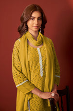 Mustard Pure Cotton Schiffly Kurta Set with Dupatta For Women