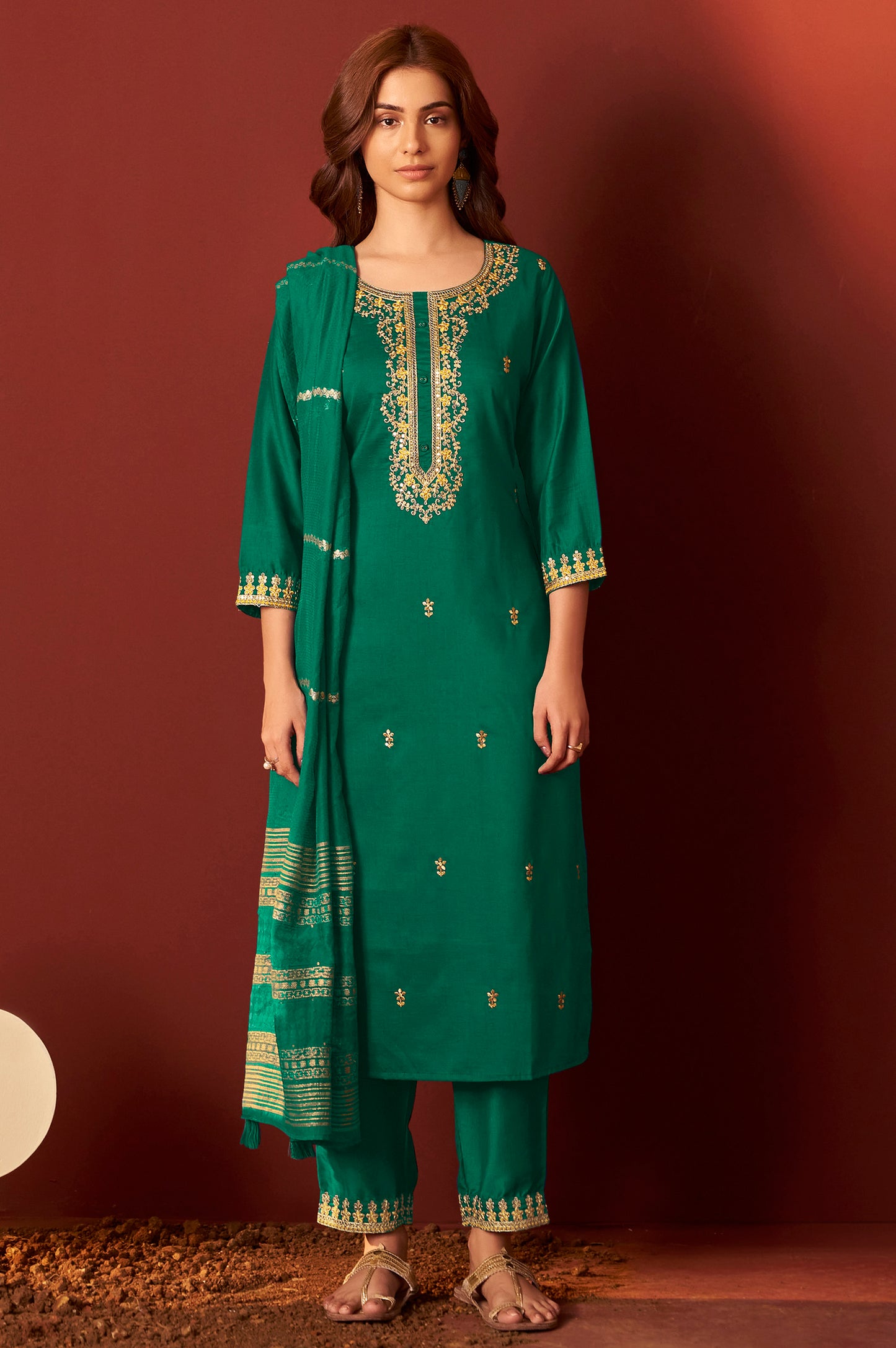 Green Chinnon Embroidered Kurta Set With dupatta