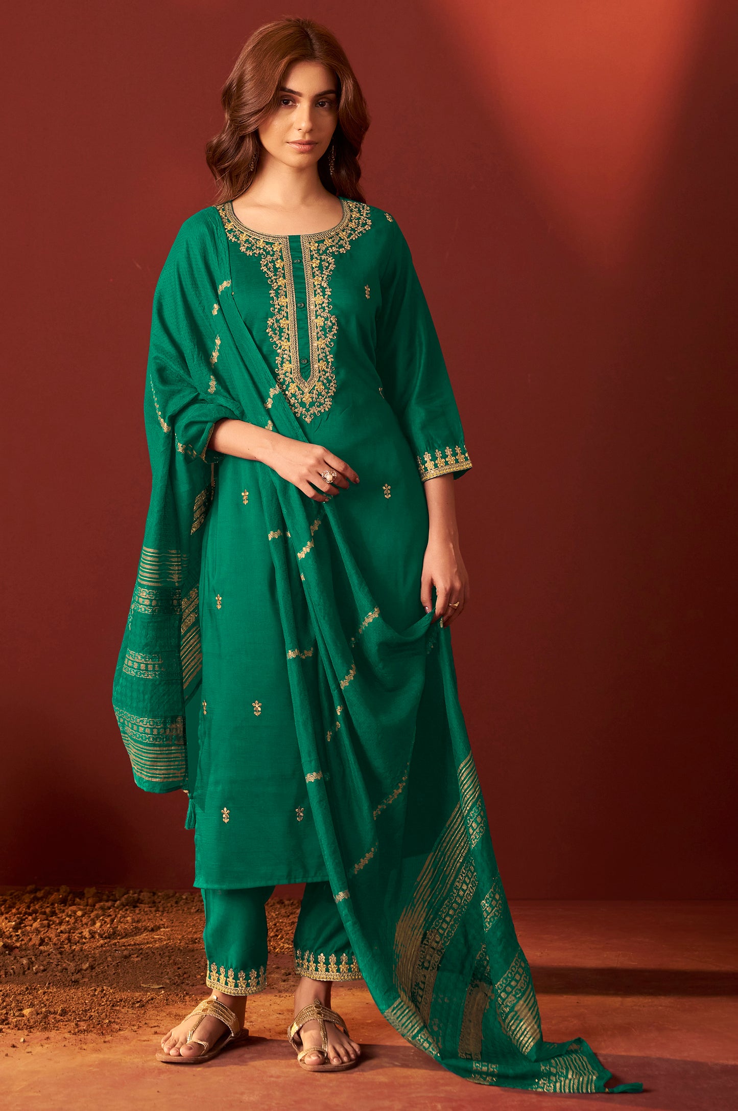 Green Chinnon Embroidered Kurta Set With dupatta