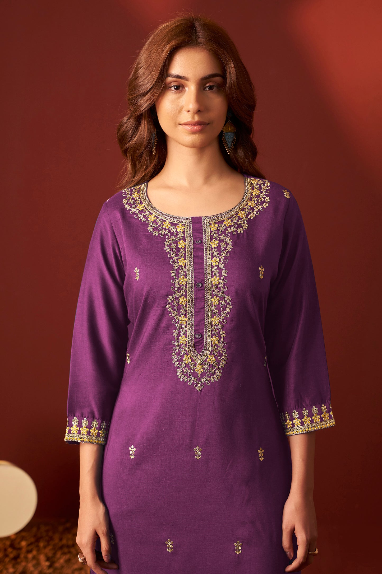 Purple Chinnon Embroidered Kurta Set With dupatta