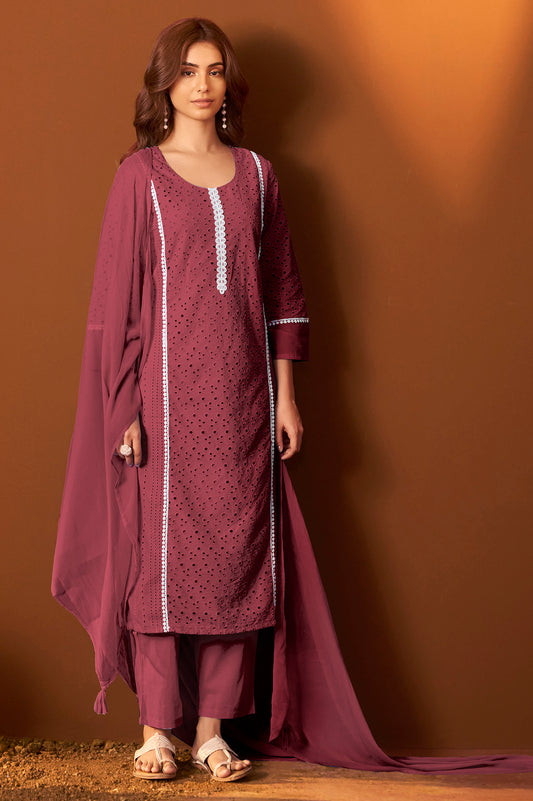 Maroon Pure Cotton Schiffly Kurta Set with Dupatta For Women