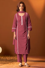 Maroon Pure Cotton Schiffly Kurta Set with Dupatta For Women