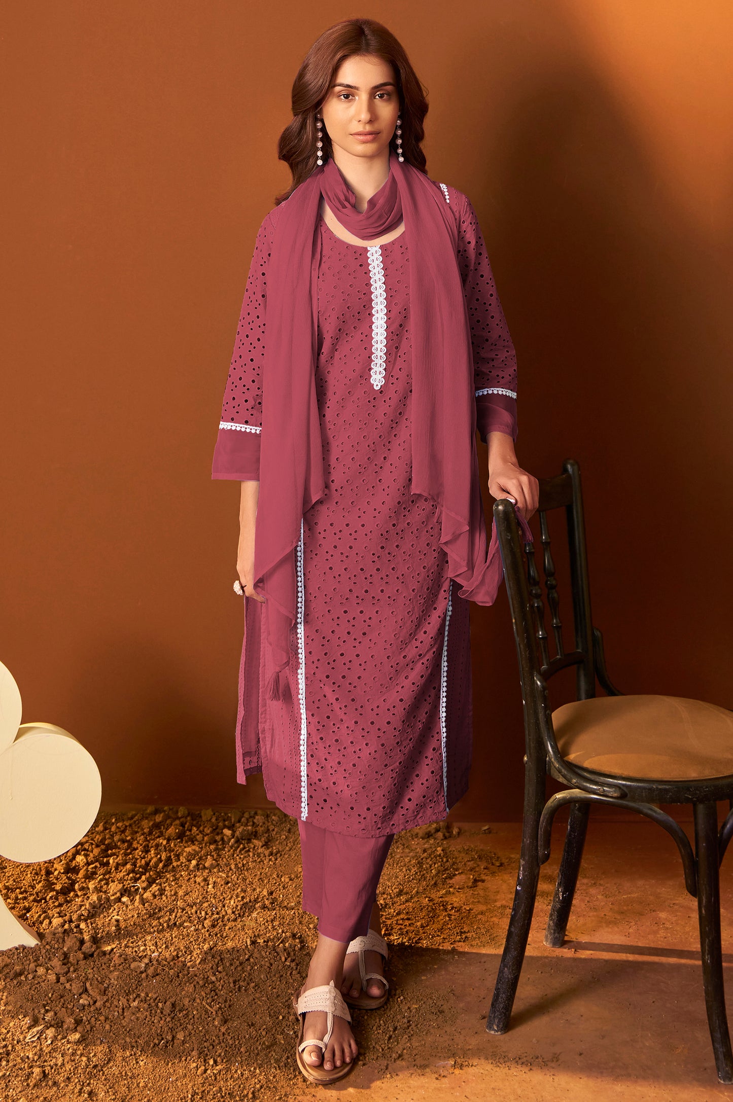 Maroon Pure Cotton Schiffly Kurta Set with Dupatta For Women