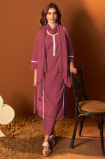 Maroon Pure Cotton Schiffly Kurta Set with Dupatta For Women