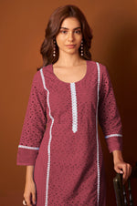 Maroon Pure Cotton Schiffly Kurta Set with Dupatta For Women