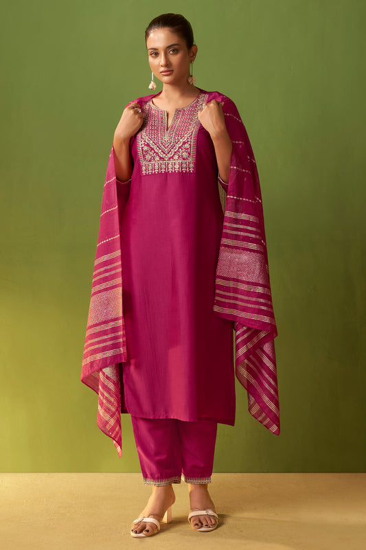 Pink Chinon Embroidered Kurta Set with Jacquard Dupatta