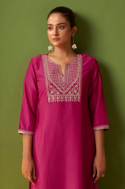 Pink Chinon Embroidered Kurta Set with Jacquard Dupatta