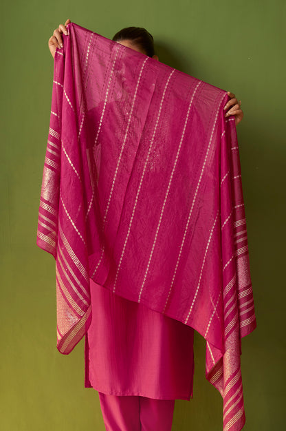 Pink Chinon Embroidered Kurta Set with Jacquard Dupatta