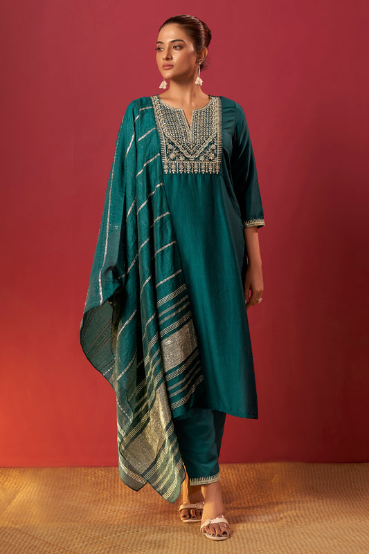 Green Chinon Embroidered Kurta Set with Jacquard Dupatta