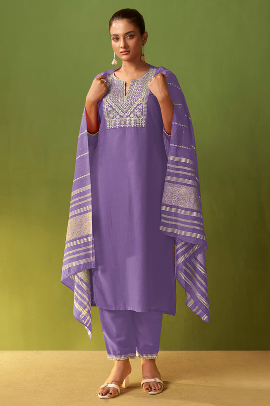 Purple Chinon Embroidered Kurta Set with Jacquard Dupatta