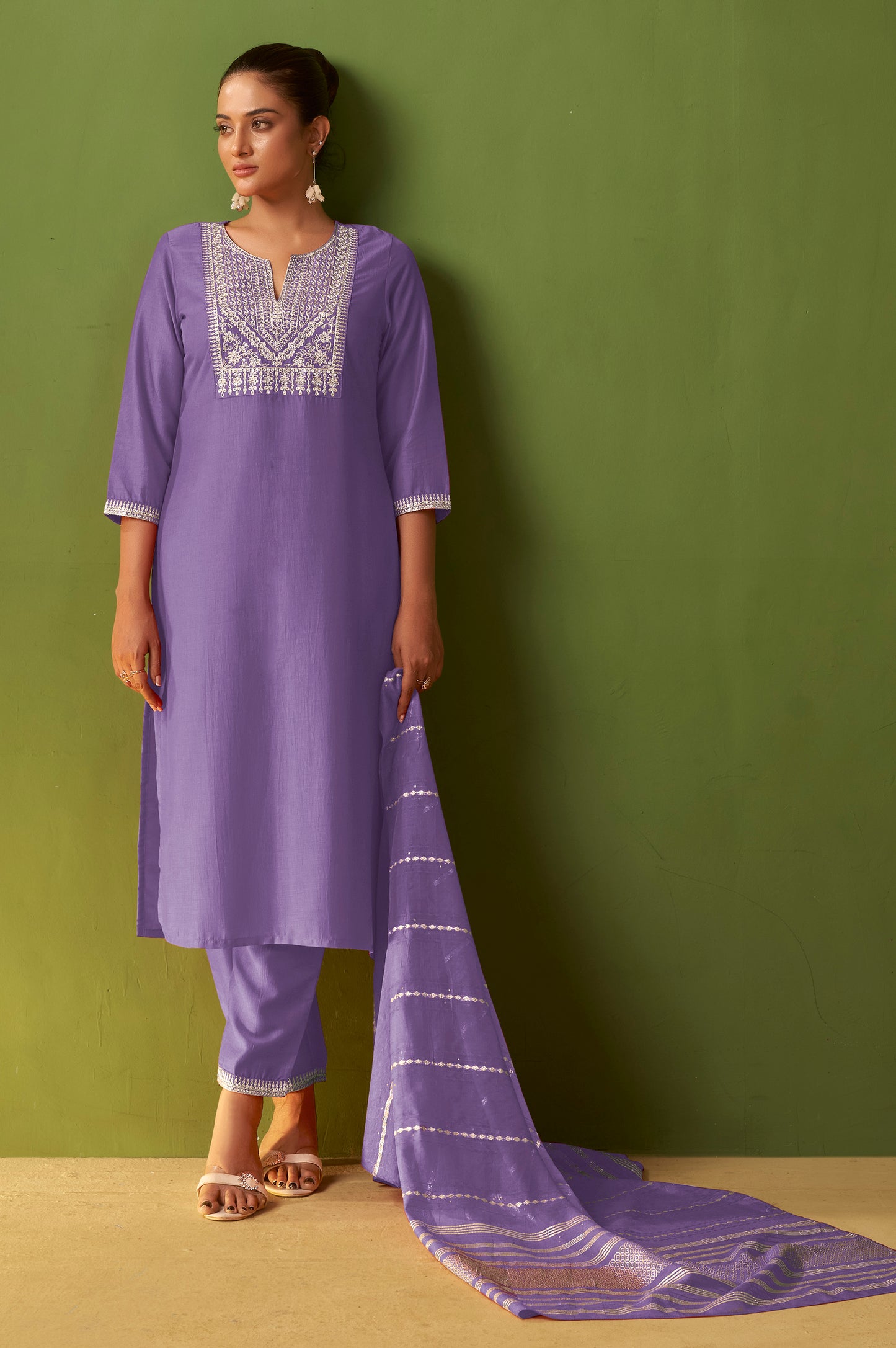 Purple Chinon Embroidered Kurta Set with Jacquard Dupatta