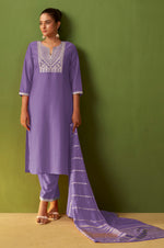 Purple Chinon Embroidered Kurta Set with Jacquard Dupatta