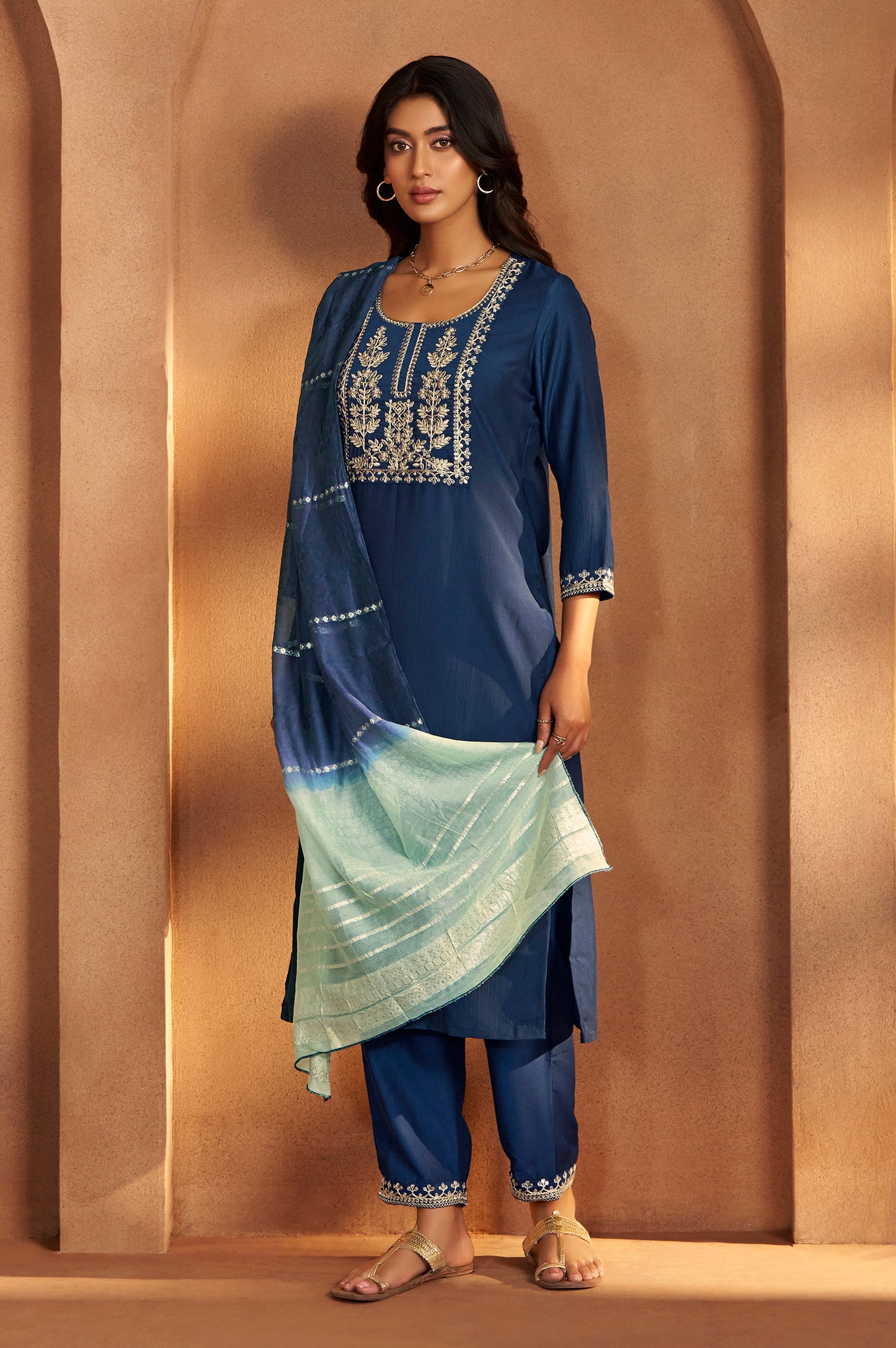 Blue Cotton Blend Embroidered Kurta Pant With Chanderi Jacquard Dupatta