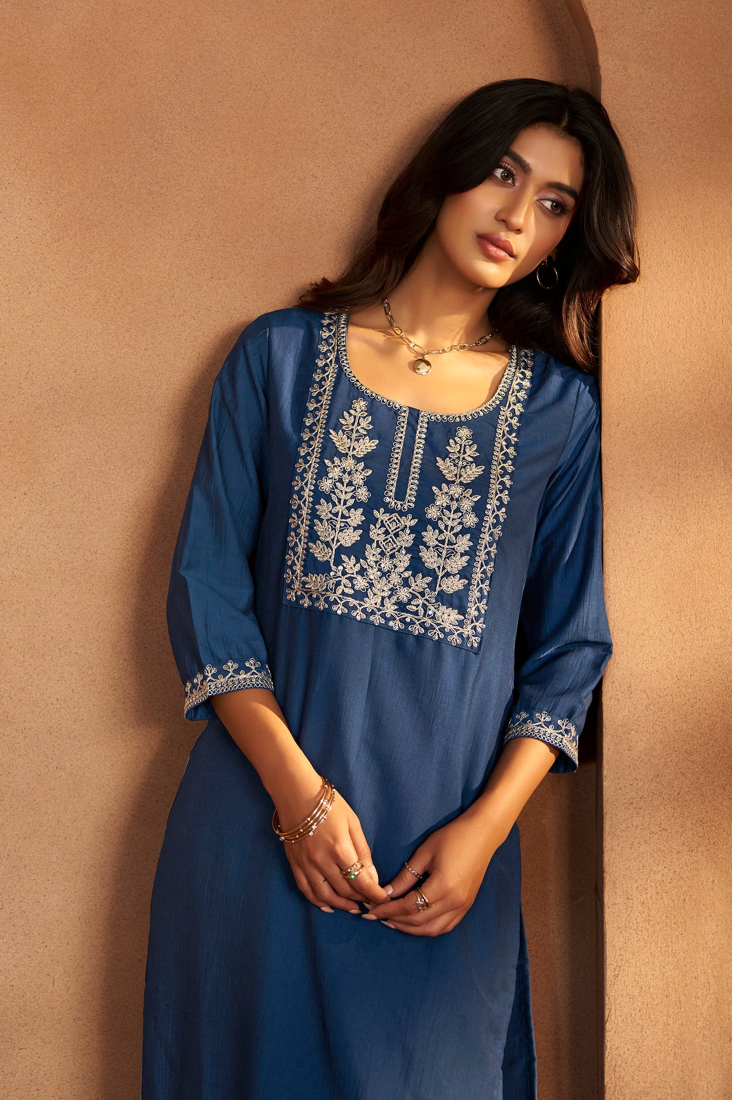 Blue Cotton Blend Embroidered Kurta Pant With Chanderi Jacquard Dupatta