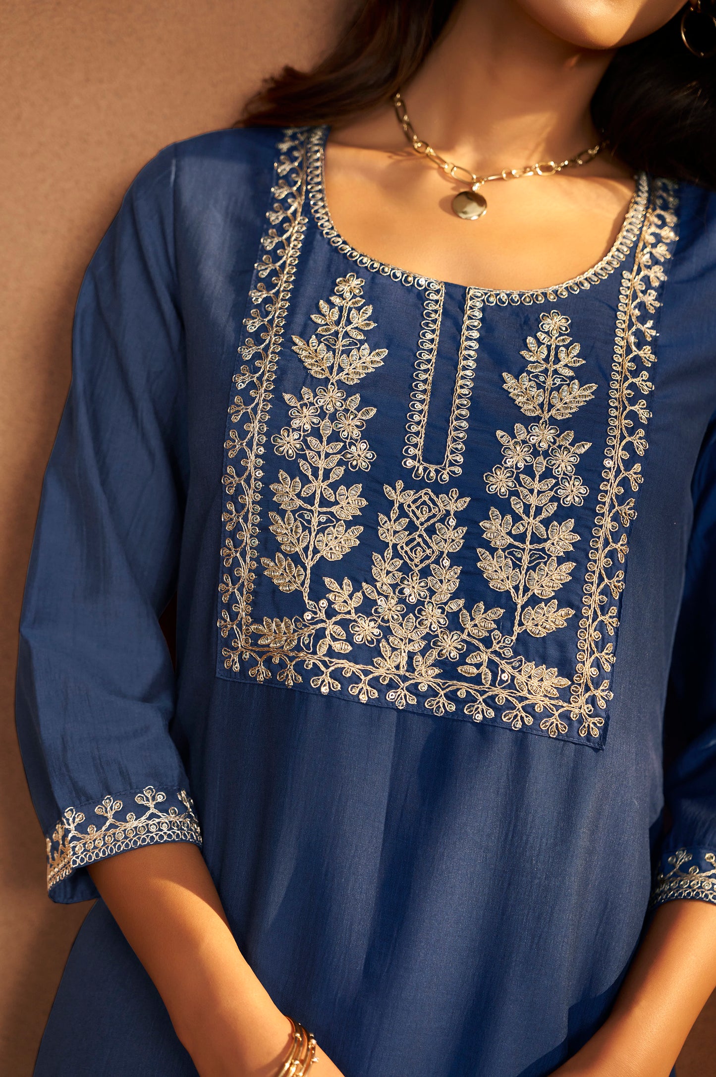 Blue Cotton Blend Embroidered Kurta Pant With Chanderi Jacquard Dupatta