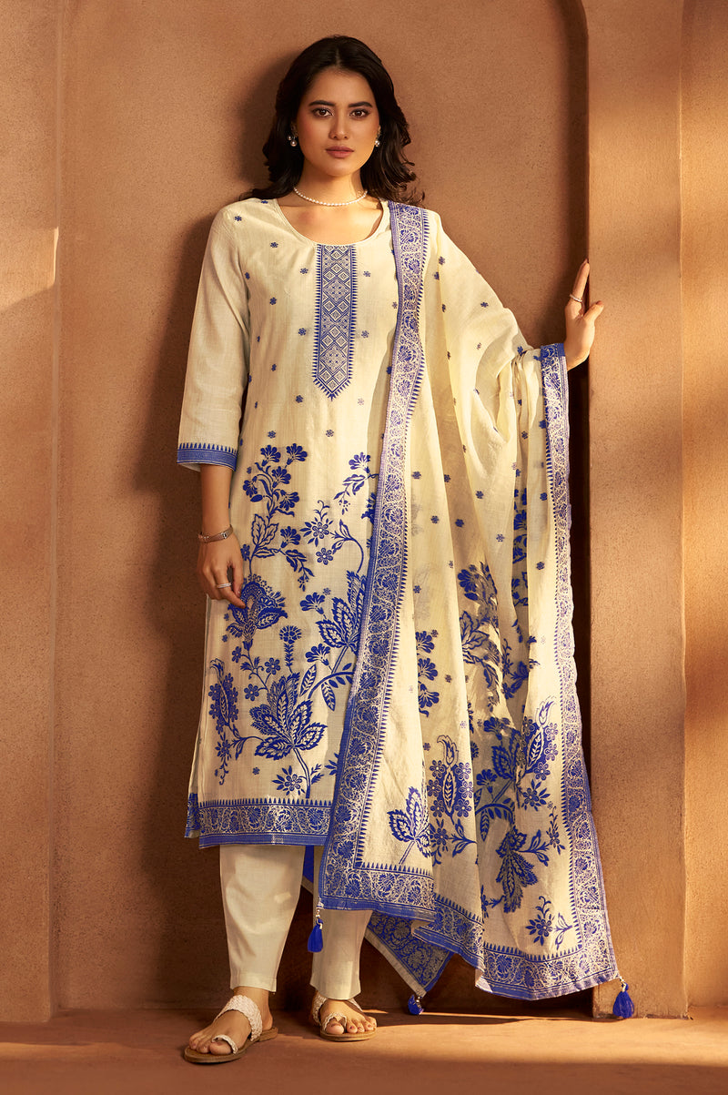 Cream Jacquard Art Silk Kurta Set with Cotton Bottom & Silk Jacquard Dupatta