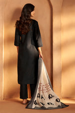 Women Black Cotton Calf-Length Kurta with Pant & Cream Chanderi Printed Dupatta