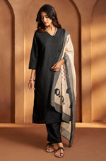Women Black Cotton Calf-Length Kurta with Pant & Cream Chanderi Printed Dupatta