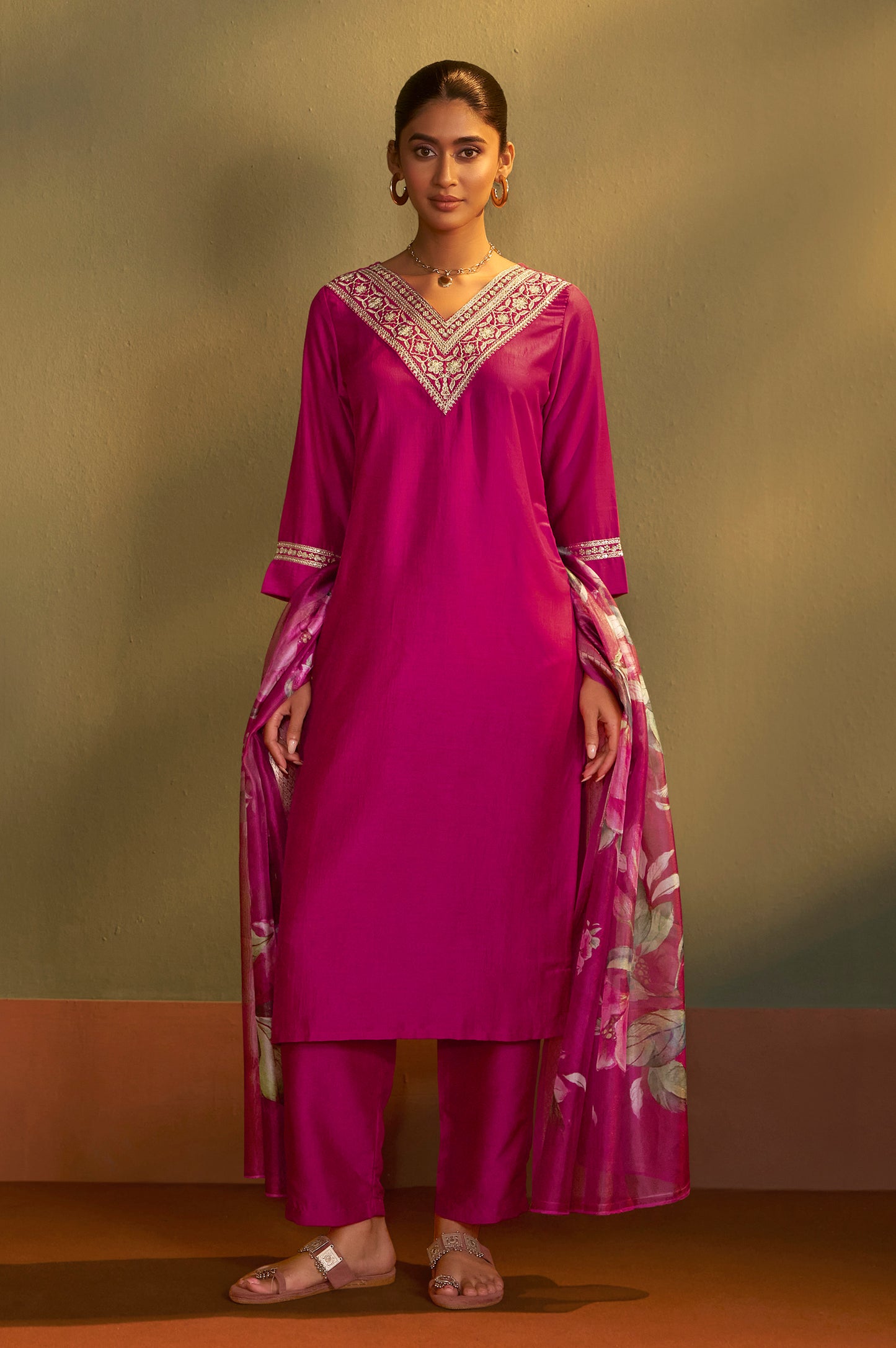 Women Pink Cotton Blend Embroidered Straight Kurta with Pant & Organza Jacquard Printed Dupatta