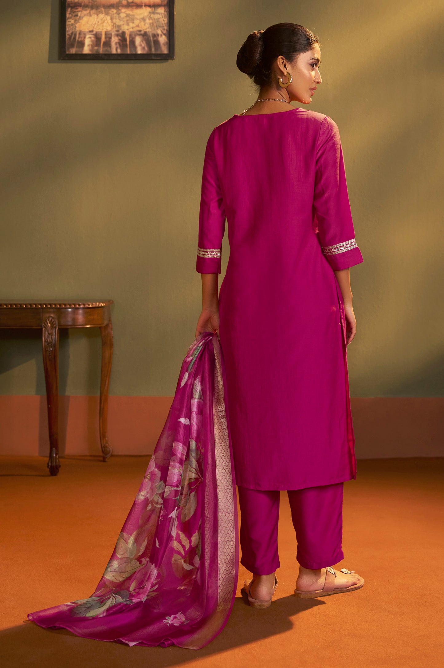 Women Pink Cotton Blend Embroidered Straight Kurta with Pant & Organza Jacquard Printed Dupatta