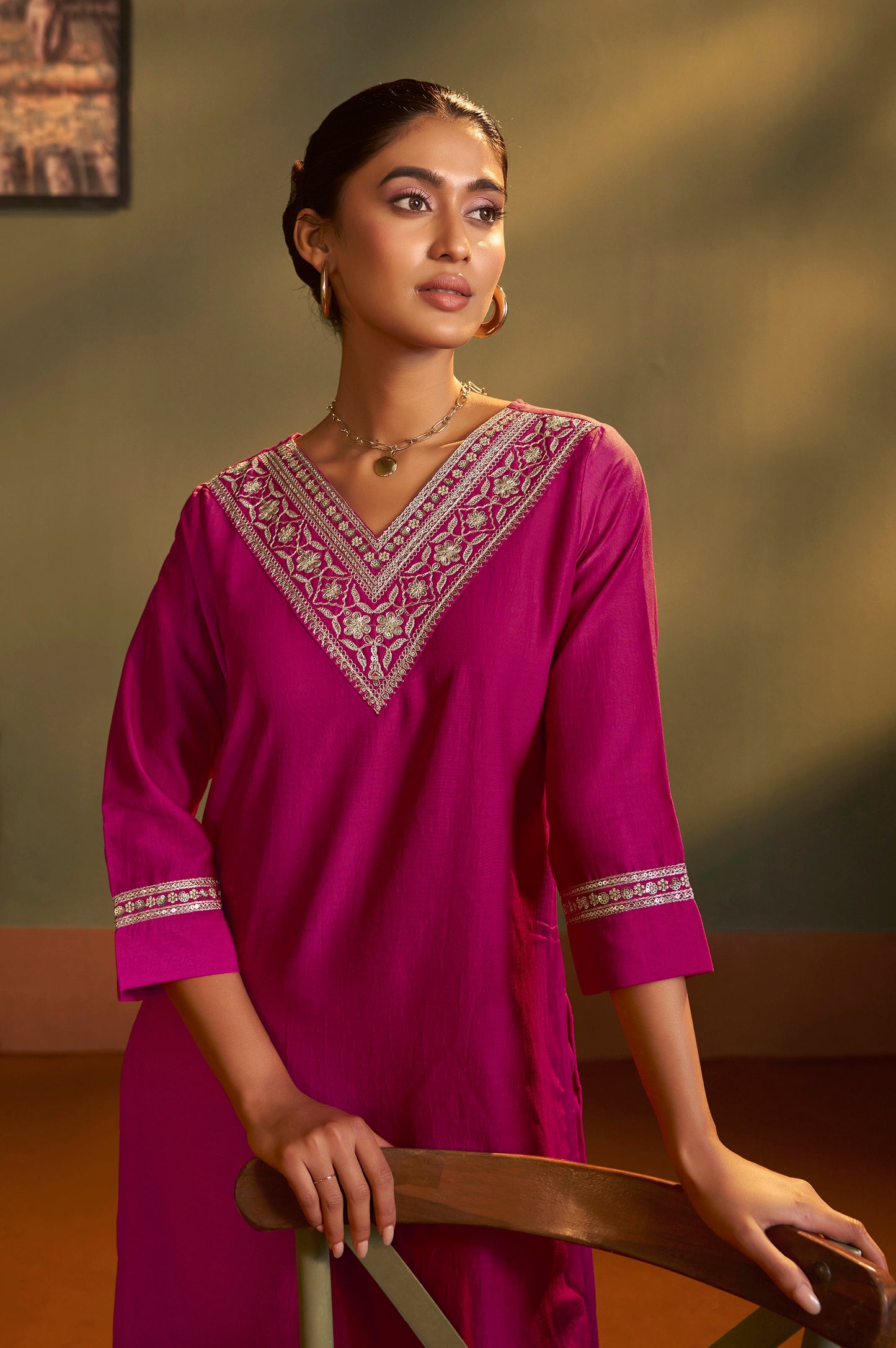 Women Pink Cotton Blend Embroidered Straight Kurta with Pant & Organza Jacquard Printed Dupatta
