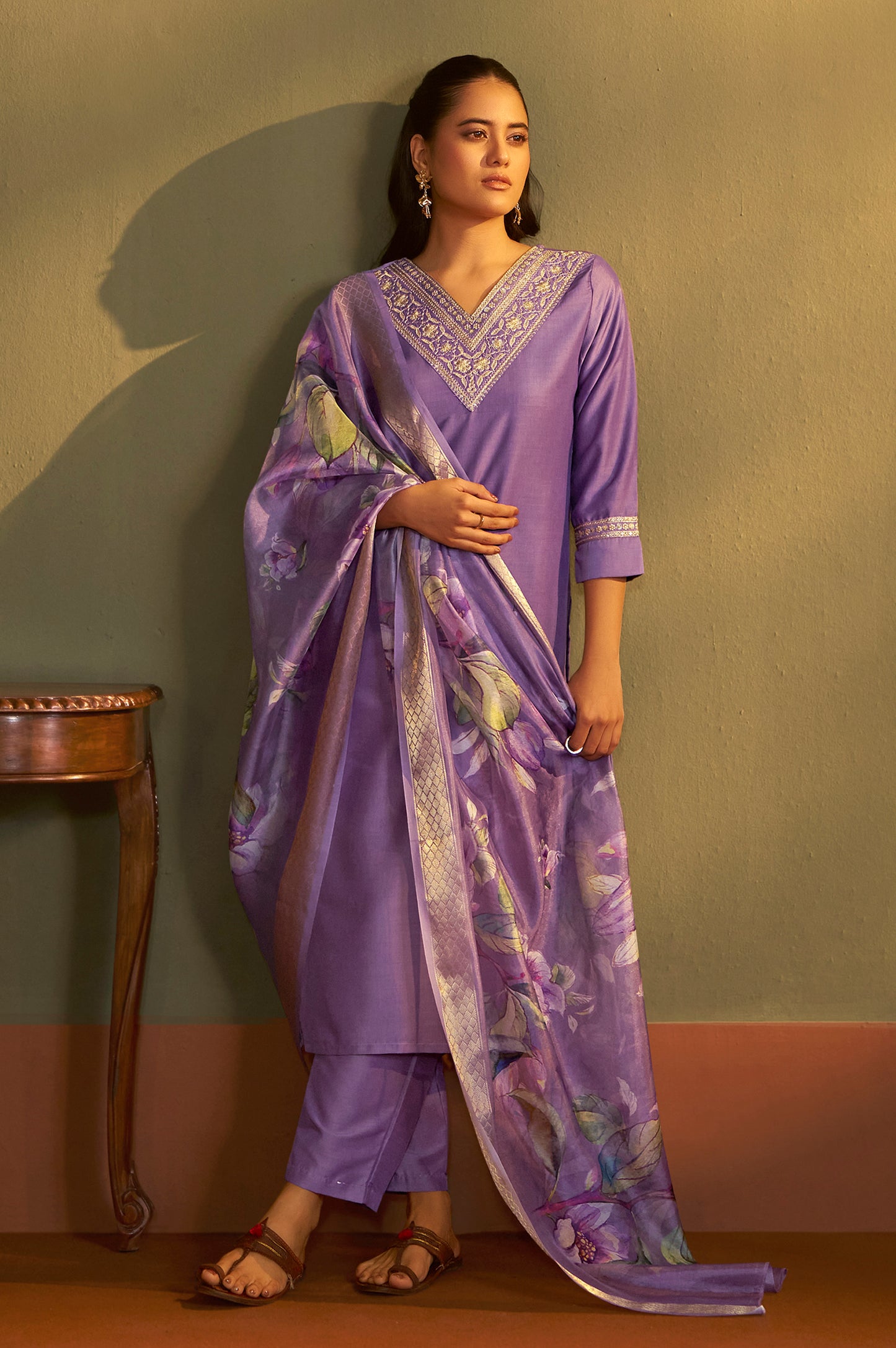 Women Purple Cotton Blend Embroidered Straight Kurta with Pant & Organza Jacquard Printed Dupatta