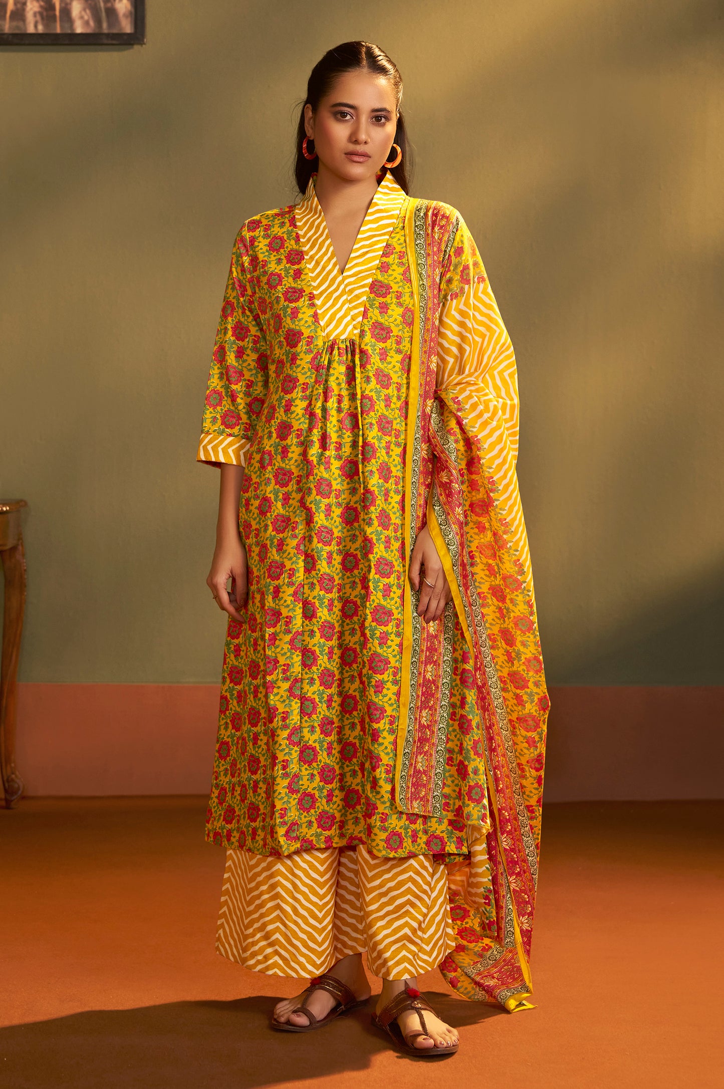 Women’s Yellow Cotton Blend Printed Straight Kurta with Printed Pant & Chanderi Printed Dupatta